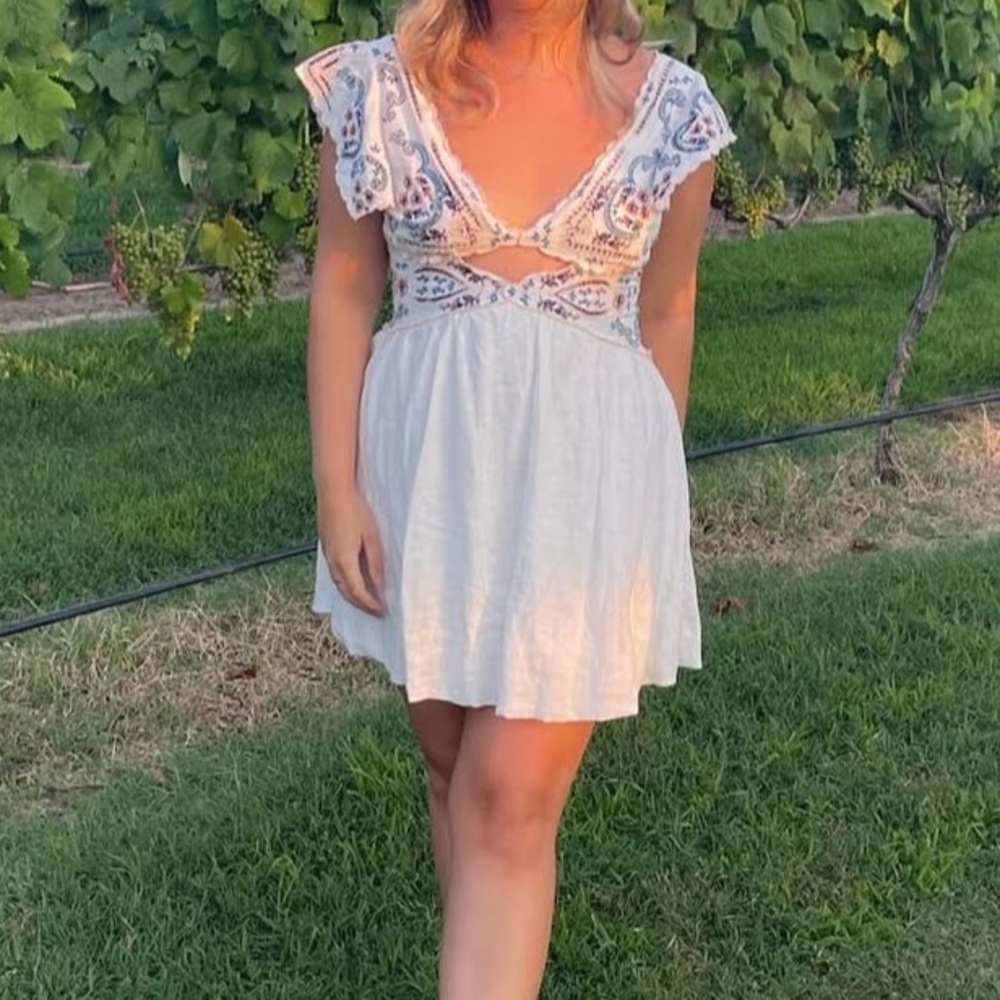 Free People White Dress with Blue and Red Embroidery